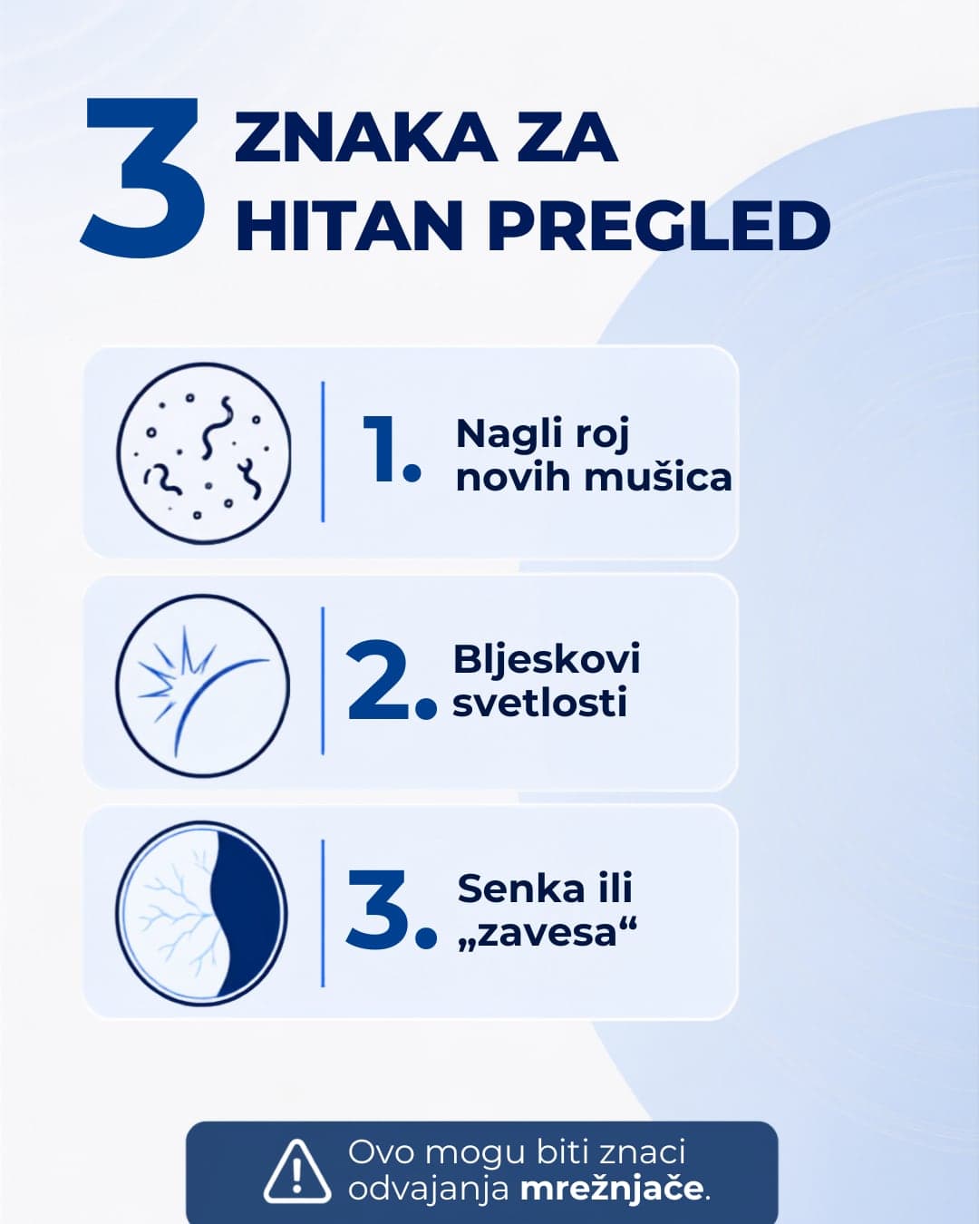 Tri znaka za hitan očni pregled: nagli roj mušica, bljeskovi svetlosti i senka ili zavesa u vidnom polju