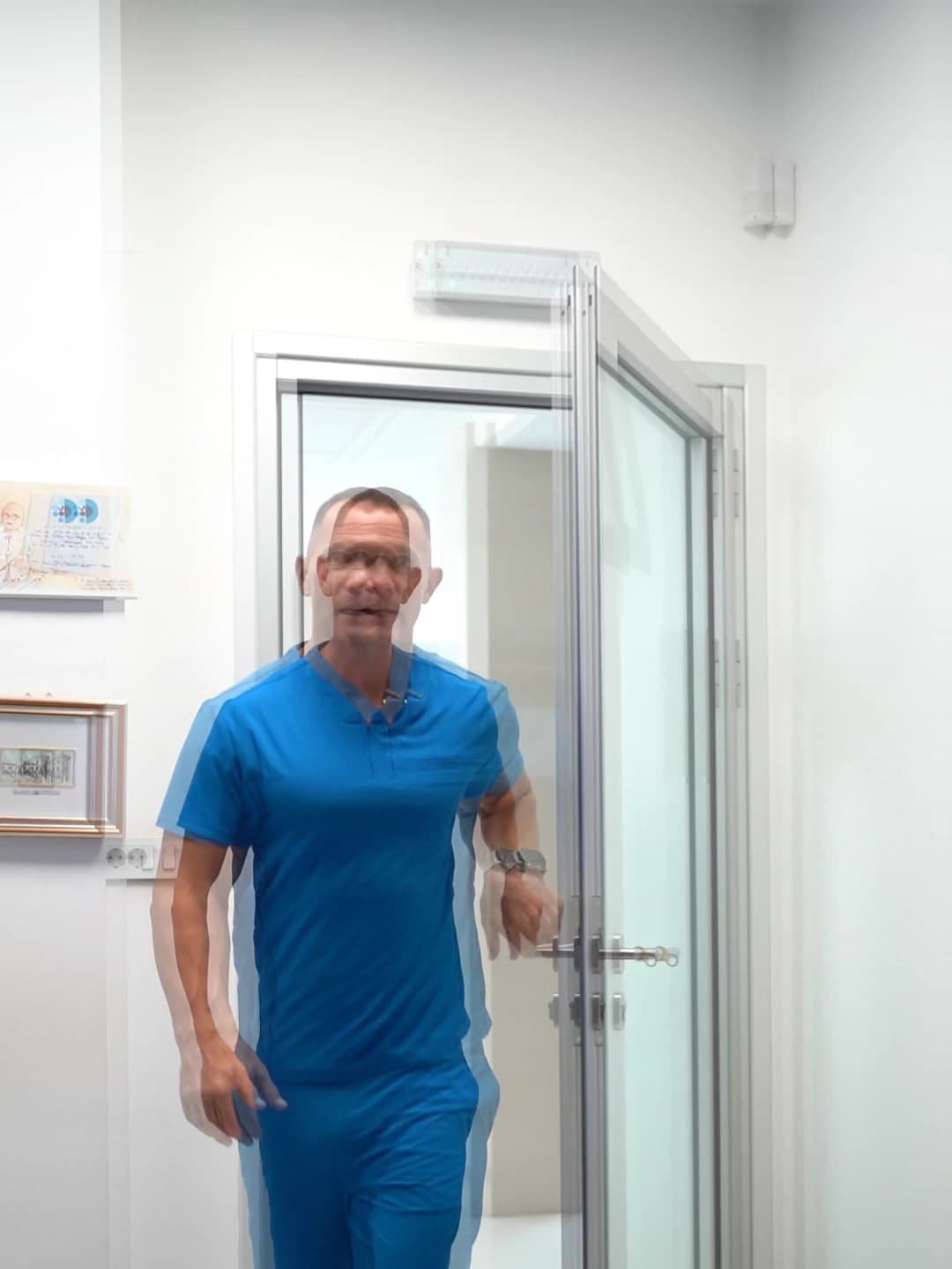 Simulacija diplopije: dr Marko Zlatanović i konture ordinacije prikazani su u dve međusobno pomerene slike.