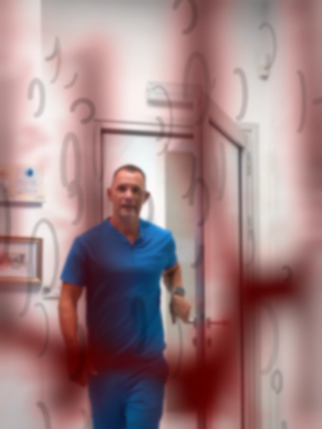 Simulacija krvarenja u staklastom telu: tamnocrvene mrlje i zamućenja zaklanjaju dr Marka Zlatanovića i ordinaciju.